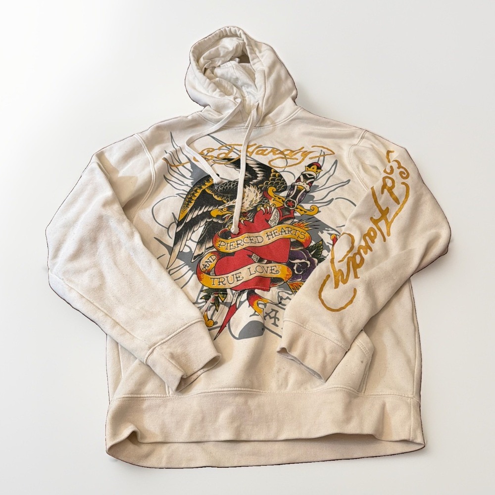 Ed Hardy Mens Hoodie Size S Tattoo Graphic Y2K Streetwear Skull Eagle Pre Owned